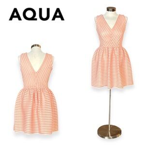 AQUA BY BLOOMINGDALE’S PEACHY PINK TEXTURED OPEN-STITCH FIT & FLARE DRESS